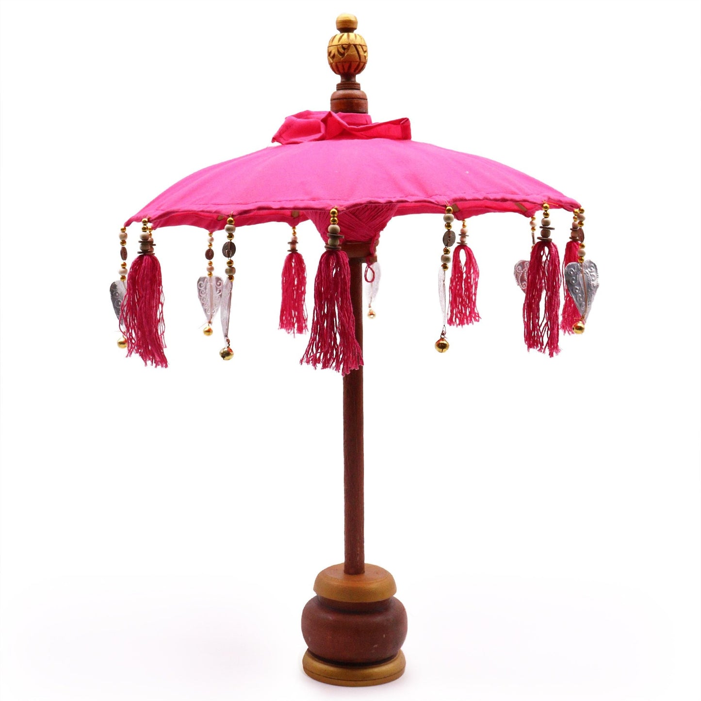 Alt Tag: Cotton Bali Decor Parasol – Pink, 40 CM, parasol decorativo rosa con borlas colgantes y base de madera, estilo boho Bali