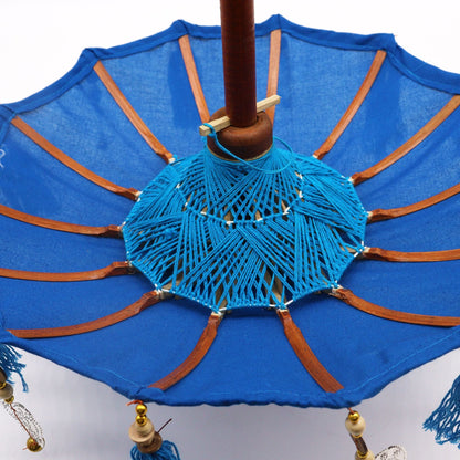 Alt Tag: Cotton Bali Decor Parasol – Turquoise 40CM, detalle interior de parasol decorativo de algodón turquesa con varillas de madera