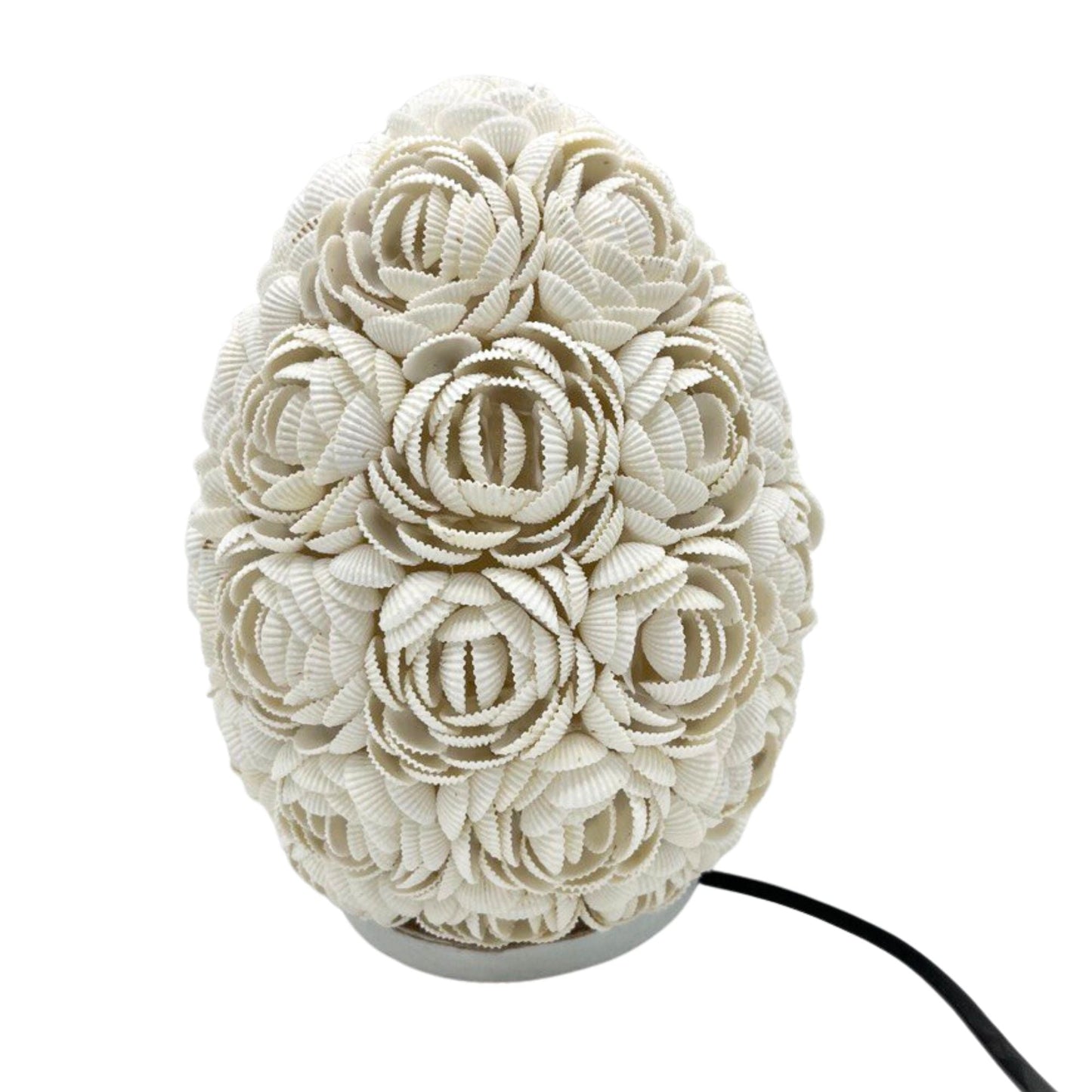 Alt Tag: Cotton Boho Seashell Lamp – Rose Oval 20CM, lámpara artesanal de conchas marinas y algodón, diseño ovalado rosa 20 cm