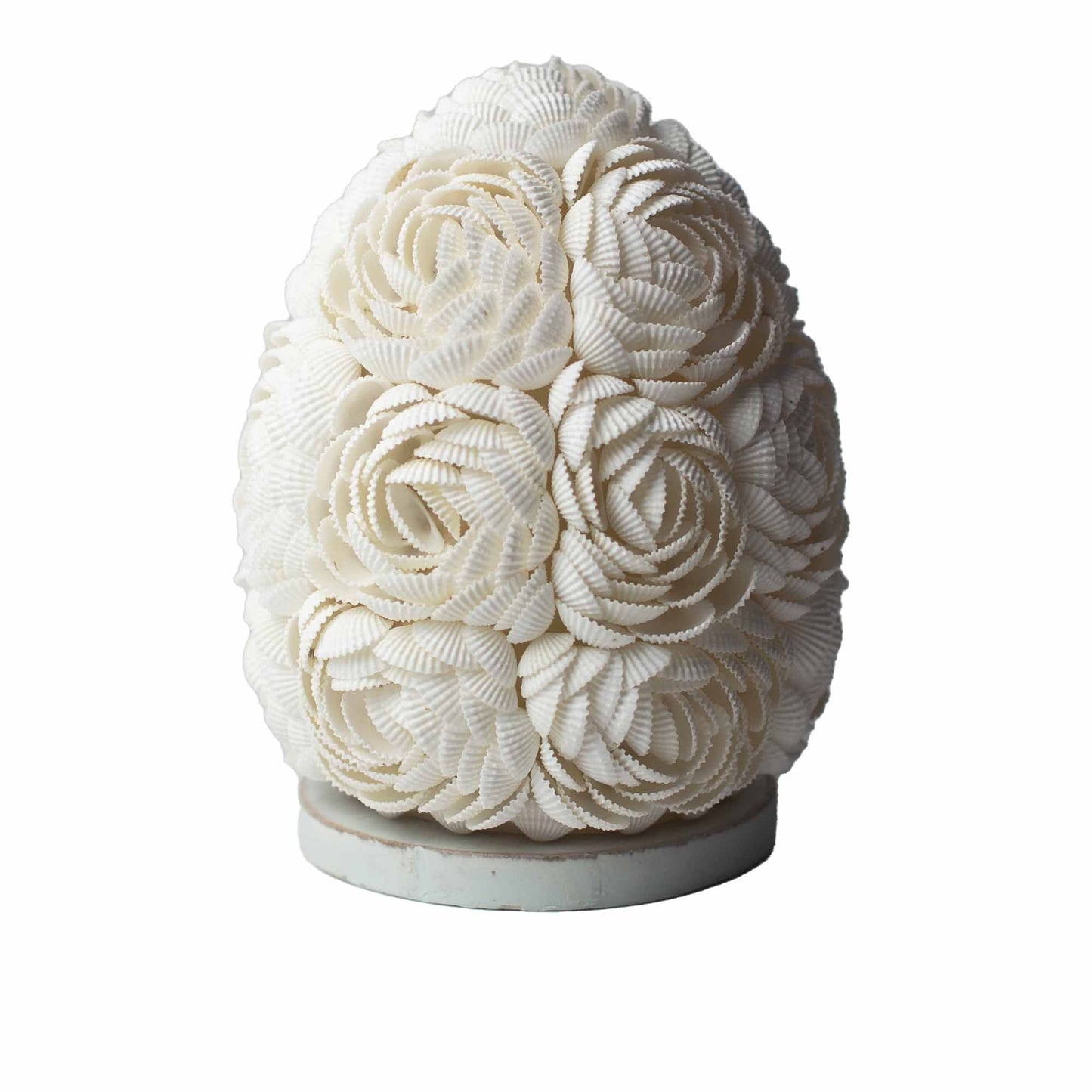 Alt Tag: Cotton Boho Seashell Lamp – Rose Oval 20CM handcrafted white seashell and cotton table lamp with oval rose design