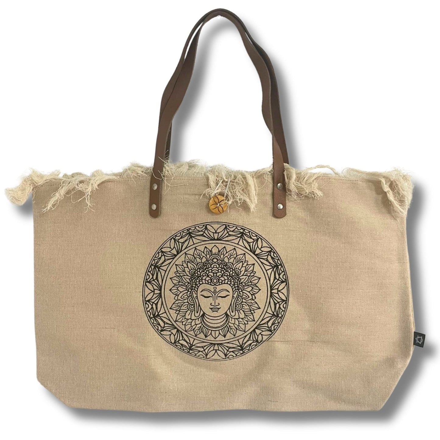 100% Cotton Tote Bag – Inspiration Print, Leather Handles, beige cotton canvas tote with leather straps and mandala face graphic