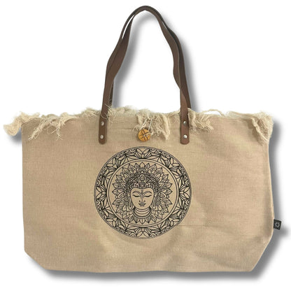 100% Cotton Tote Bag – Inspiration Print, Leather Handles, beige cotton canvas tote with leather straps and mandala face graphic