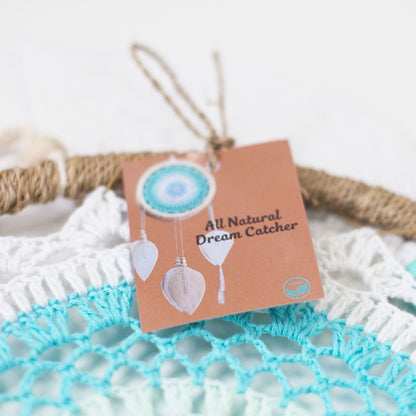 Cotton Dream Catcher – Medium Pink Heart close-up with woven cotton webbing, wooden ring, and product tag