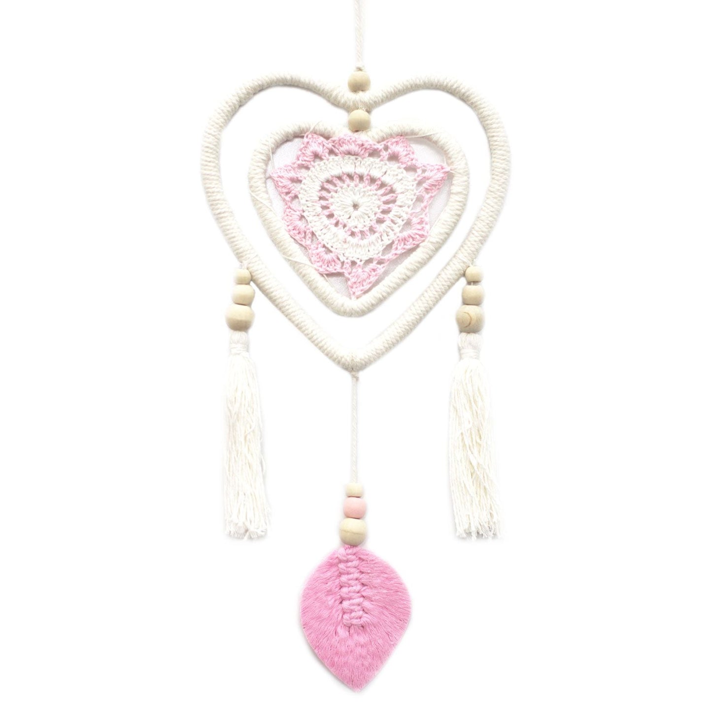 Alt Tag: Cotton Dream Catcher – Medium Pink Heart with heart-in-heart cotton design, wooden beads, tassels and pink feather