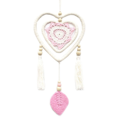 Alt Tag: Cotton Dream Catcher – Medium Pink Heart with heart-in-heart cotton design, wooden beads, tassels and pink feather