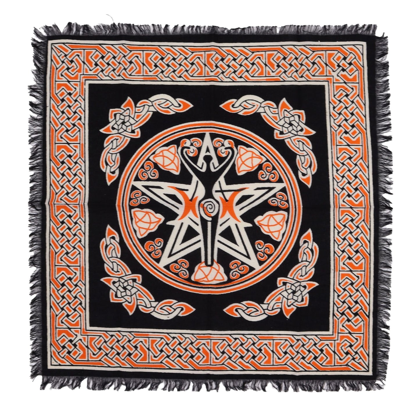 Cotton Esoteric Altar Cloth – Earth Mother 50x50 cm black cotton altar cloth with pentagram and Celtic knot border, fringed edges