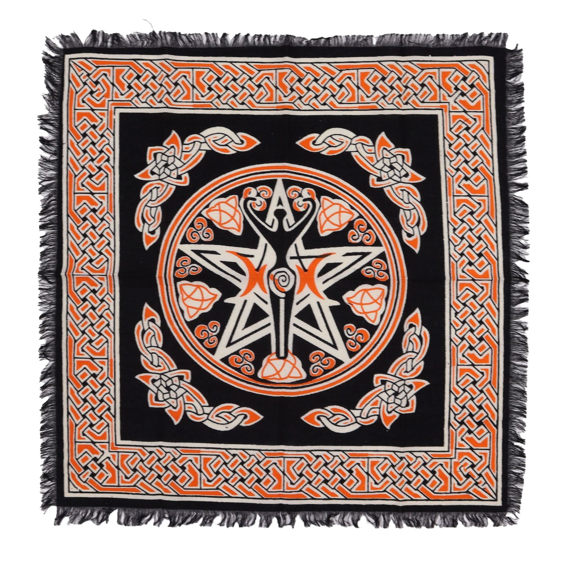 Cotton Esoteric Altar Cloth – Earth Mother 50x50 cm black cotton altar cloth with pentagram and Celtic knot border, fringed edges