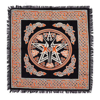 Cotton Esoteric Altar Cloth – Earth Mother 50x50 cm black cotton altar cloth with pentagram and Celtic knot border, fringed edges