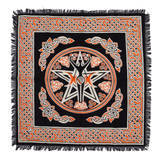Cotton Esoteric Altar Cloth – Earth Mother 50x50 cm black cotton altar cloth with pentagram and Celtic knot border, fringed edges
