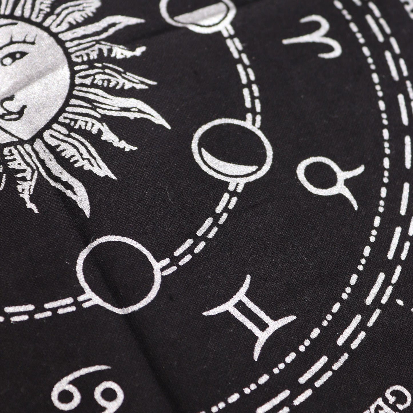 Alt Tag: Cotton Esoteric Altar Cloth – Horoscope Design 50x50 CM black cotton cloth with white zodiac symbols, moon phases and sun motif close-up