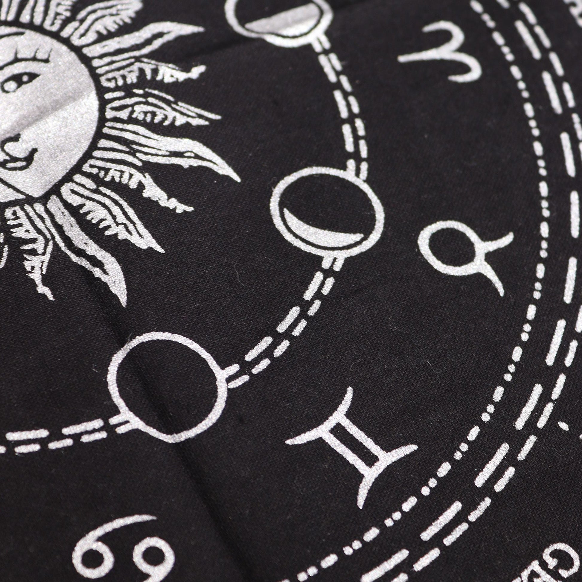 Alt Tag: Cotton Esoteric Altar Cloth – Horoscope Design 50x50 CM black cotton cloth with white zodiac symbols, moon phases and sun motif close-up