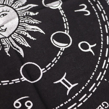 Alt Tag: Cotton Esoteric Altar Cloth – Horoscope Design 50x50 CM black cotton cloth with white zodiac symbols, moon phases and sun motif close-up