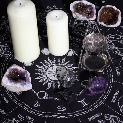 Alt Tag: Cotton Esoteric Altar Cloth – Horoscope Design 50x50 CM with zodiac chart print, candles, crystals, and incense burner on altar