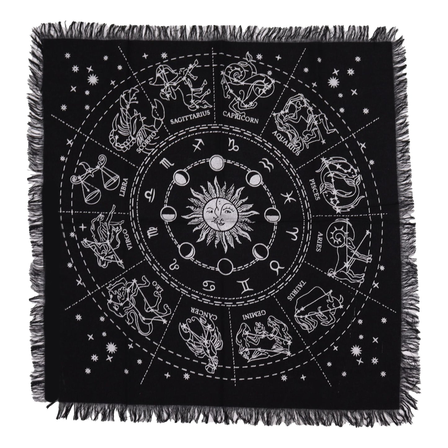 Alt Tag: Cotton Esoteric Altar Cloth – Horoscope Design 50x50 CM, black cotton altar cloth with zodiac wheel, sun and moon phases, fringed edges