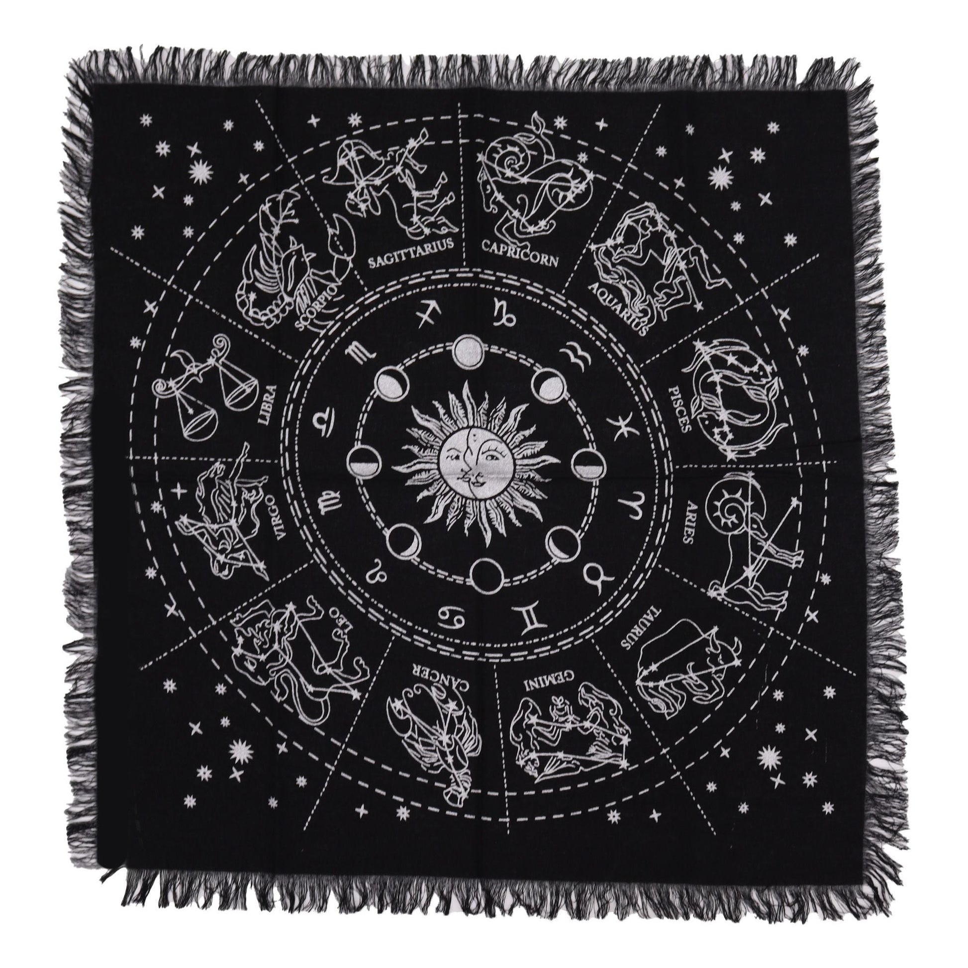 Alt Tag: Cotton Esoteric Altar Cloth – Horoscope Design 50x50 CM, black cotton altar cloth with zodiac wheel, sun and moon phases, fringed edges