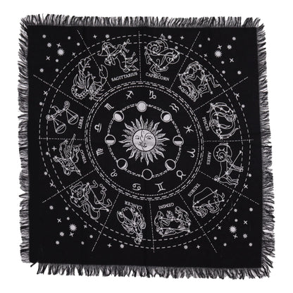 Alt Tag: Cotton Esoteric Altar Cloth – Horoscope Design 50x50 CM, black cotton altar cloth with zodiac wheel, sun and moon phases, fringed edges