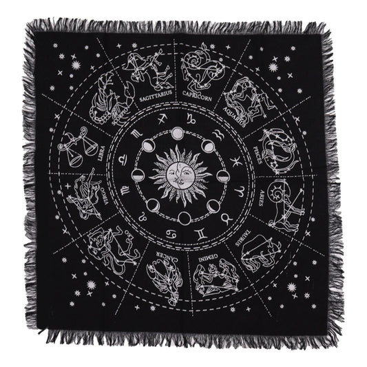 Alt Tag: Cotton Esoteric Altar Cloth – Horoscope Design 50x50 CM, black cotton altar cloth with zodiac wheel, sun and moon phases, fringed edges