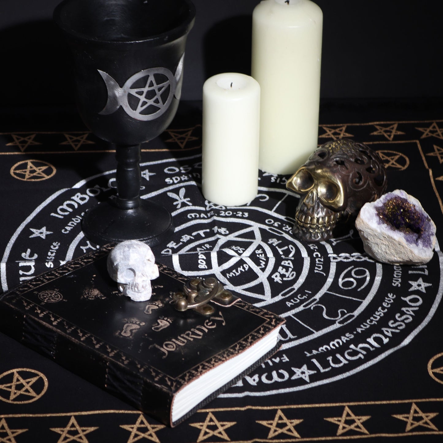 Alt Tag: Cotton Esoteric Altar Cloth – Life, Death & Rebirth with occult altar setup, candles, chalice, skull, grimoire and crystal