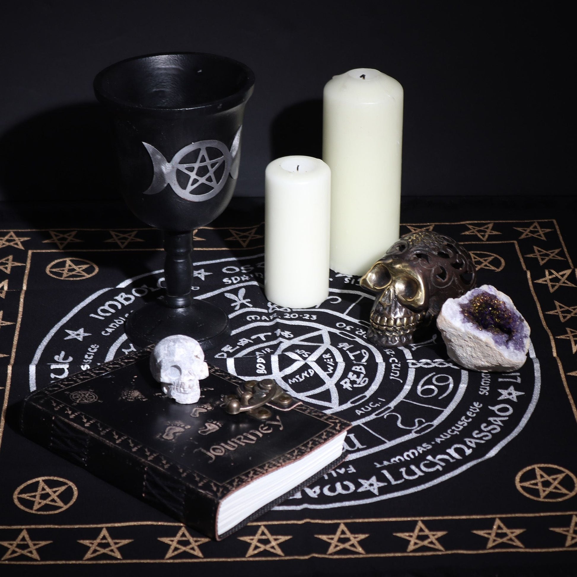 Cotton Esoteric Altar Cloth – Life, Death & Rebirth with pentagram ritual design, candles, chalice, skull decor and amethyst crystal