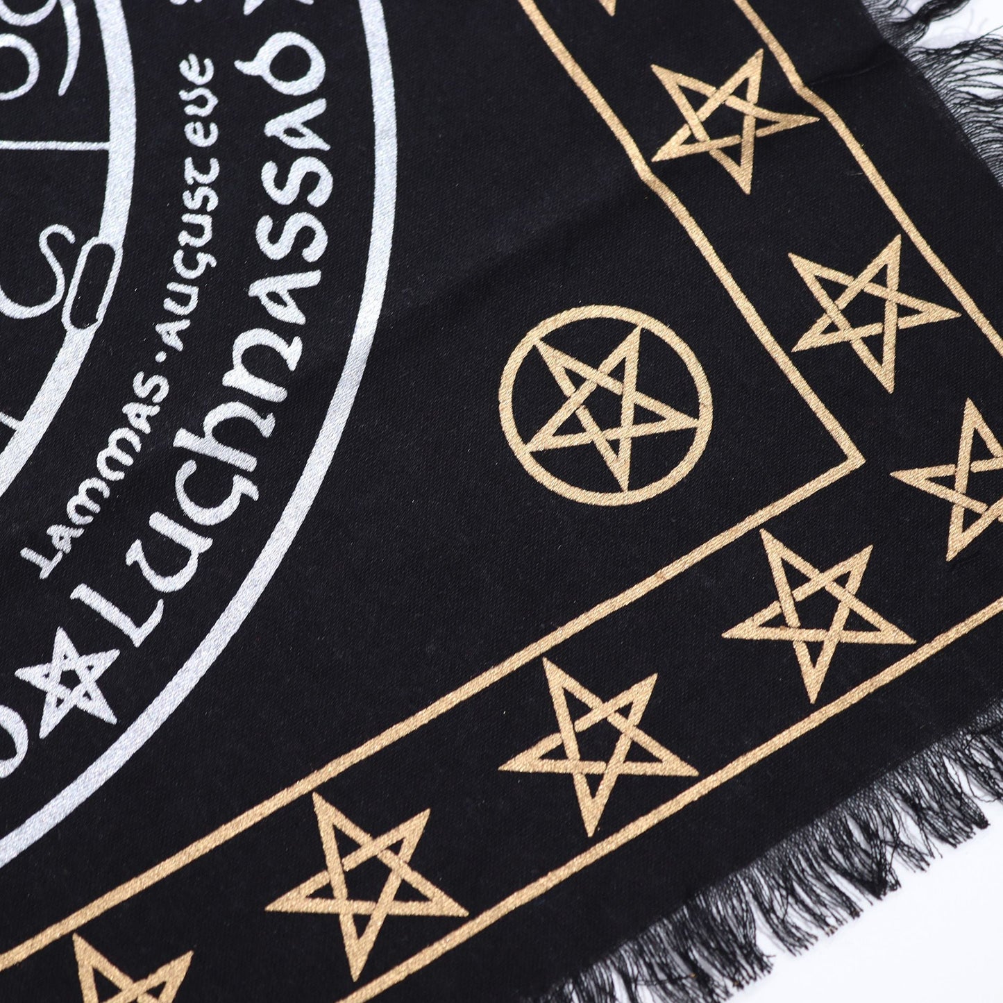 Cotton Esoteric Altar Cloth – Life, Death & Rebirth black cotton altar cloth with gold pentagram border and fringe, 50x50 cm