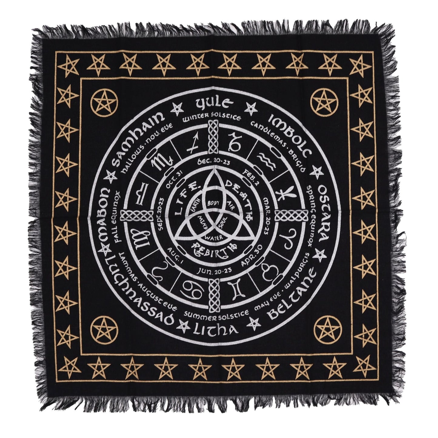 Alt Tag: Cotton Esoteric Altar Cloth – Life, Death & Rebirth black cotton altar cloth with zodiac wheel, pentagrams and fringe