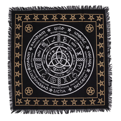 Alt Tag: Cotton Esoteric Altar Cloth – Life, Death & Rebirth black cotton altar cloth with zodiac wheel, pentagrams and fringe