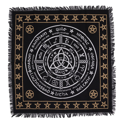 Alt Tag: Cotton Esoteric Altar Cloth – Life, Death & Rebirth black cotton altar cloth with zodiac wheel, pentagrams and fringe