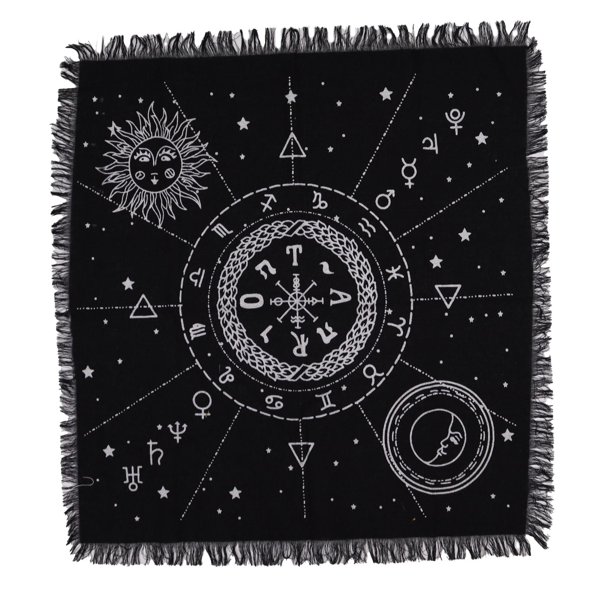 Alt Tag: Cotton Esoteric Altar Cloth – Moon & Sun Chart 50x50 CM black cotton altar cloth with fringed edges, moon and sun chart symbols