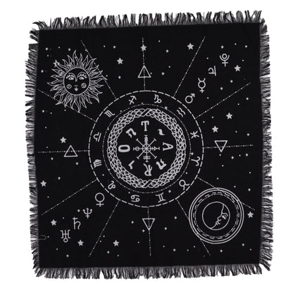 Alt Tag: Cotton Esoteric Altar Cloth – Moon & Sun Chart 50x50 CM black cotton altar cloth with fringed edges, moon and sun chart symbols