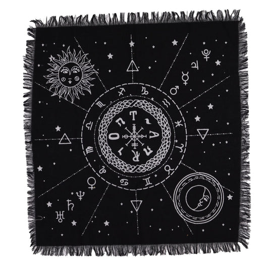 Alt Tag: Cotton Esoteric Altar Cloth – Moon & Sun Chart 50x50 CM black cotton altar cloth with fringed edges, moon and sun chart symbols