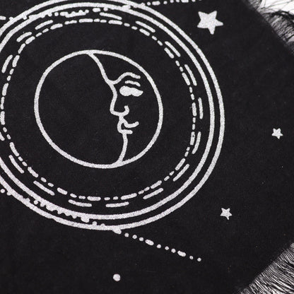 Alt Tag: Cotton Esoteric Altar Cloth – Moon & Sun Chart 50x50 CM, black cotton cloth with white moon face circle and star print