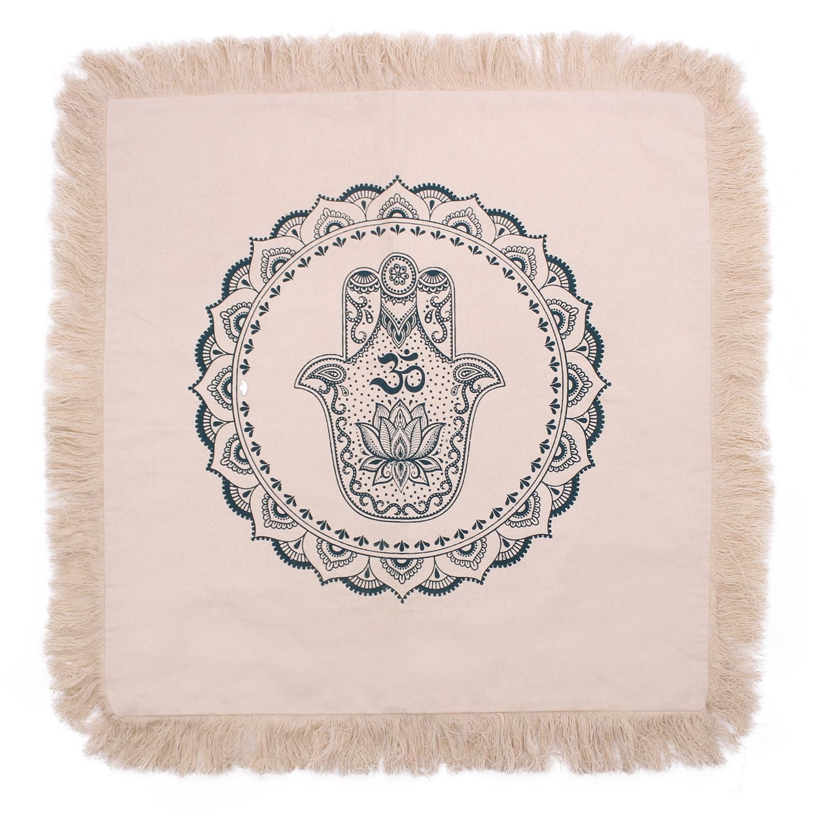 Alt-Tag: Hamsa-Mandala-Kissenbezug aus Baumwolle – 60x60 CM, indonesischer Baumwollbezug mit Fransenrändern und blauem Hamsa-Mandala-Print