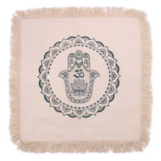 Alt Tag: Cotton Hamsa Mandala Cushion Cover – 60x60 CM, Indonesian cotton cover with fringed edges and blue Hamsa mandala print