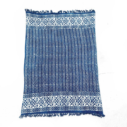 Cotton Handmade Indigo Throw – 170x120 CM, manta de algodón teñida con índigo natural con patrón geométrico azul y flecos