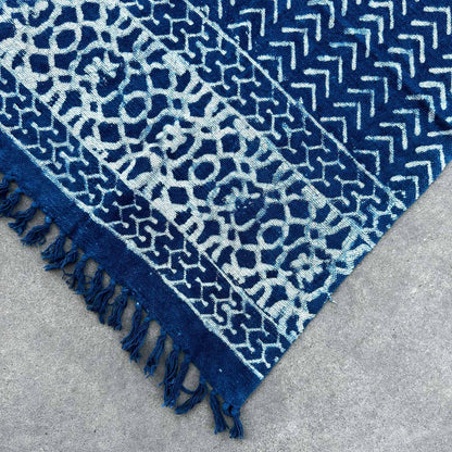 Cotton Handmade Indigo Throw – 170x120 CM with blue and white geometric pattern and fringed edge
