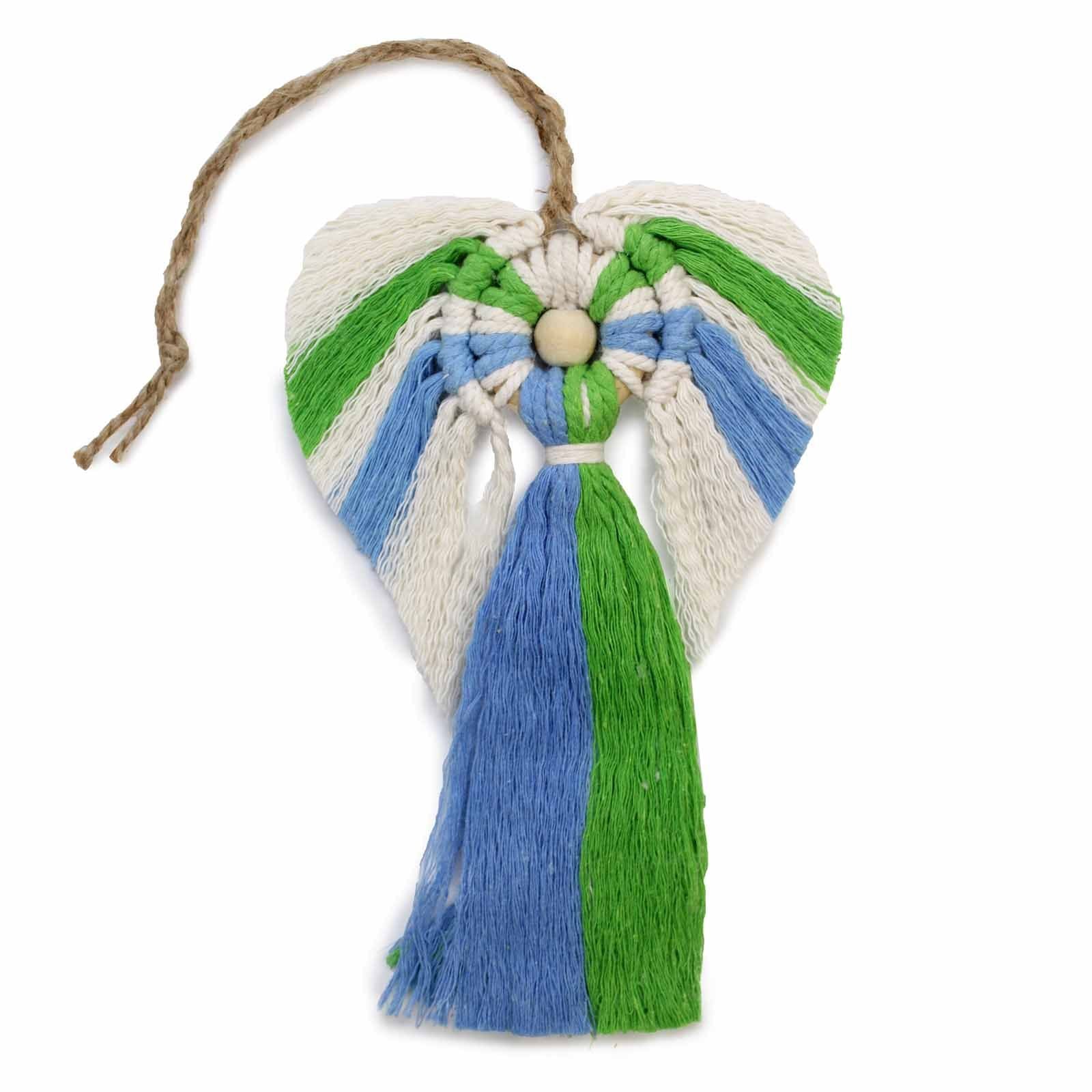 Cotton Hati-Hati Macrame Angel – Earth Variant, Indonesian cotton macrame angel ornament in green, blue and cream with hanging loop
