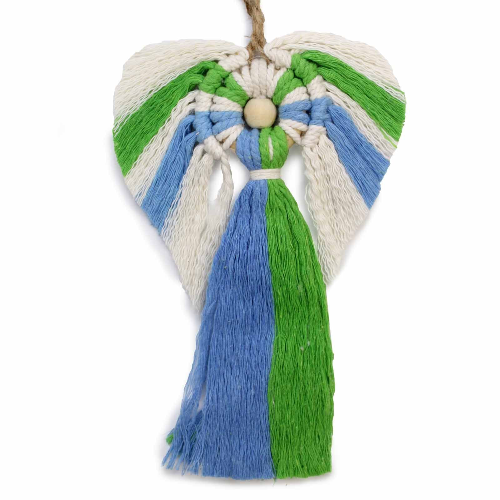 Cotton Hati-Hati Macrame Angel – Earth Variant de algodón indonesio, ángel decorativo en macramé con alas crema, azul y verde