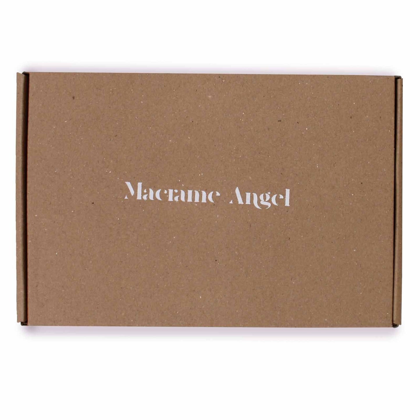 Alt Tag: Cotton Hati-Hati Macrame Angel – Earth Variant packaging box with Macrame Angel text on kraft cardboard