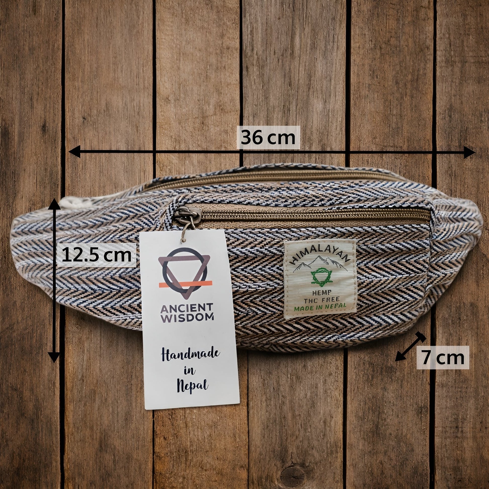 Cotton & Hemp Style Belt (Fanny) Bag – Blue with hemp-inspired weave, handmade in Nepal, size 36x12.5x7 cm
