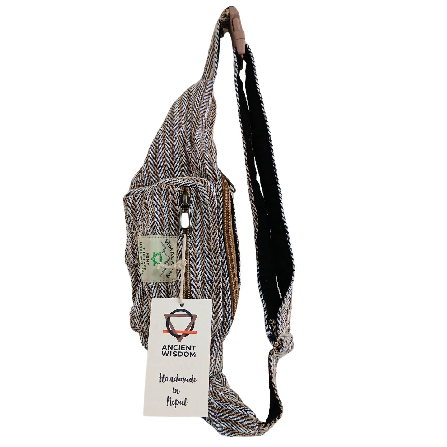 Alt Tag: Cotton & Hemp Style Belt (Fanny) Bag – Blue, herringbone weave sling belt bag with adjustable strap, side view
