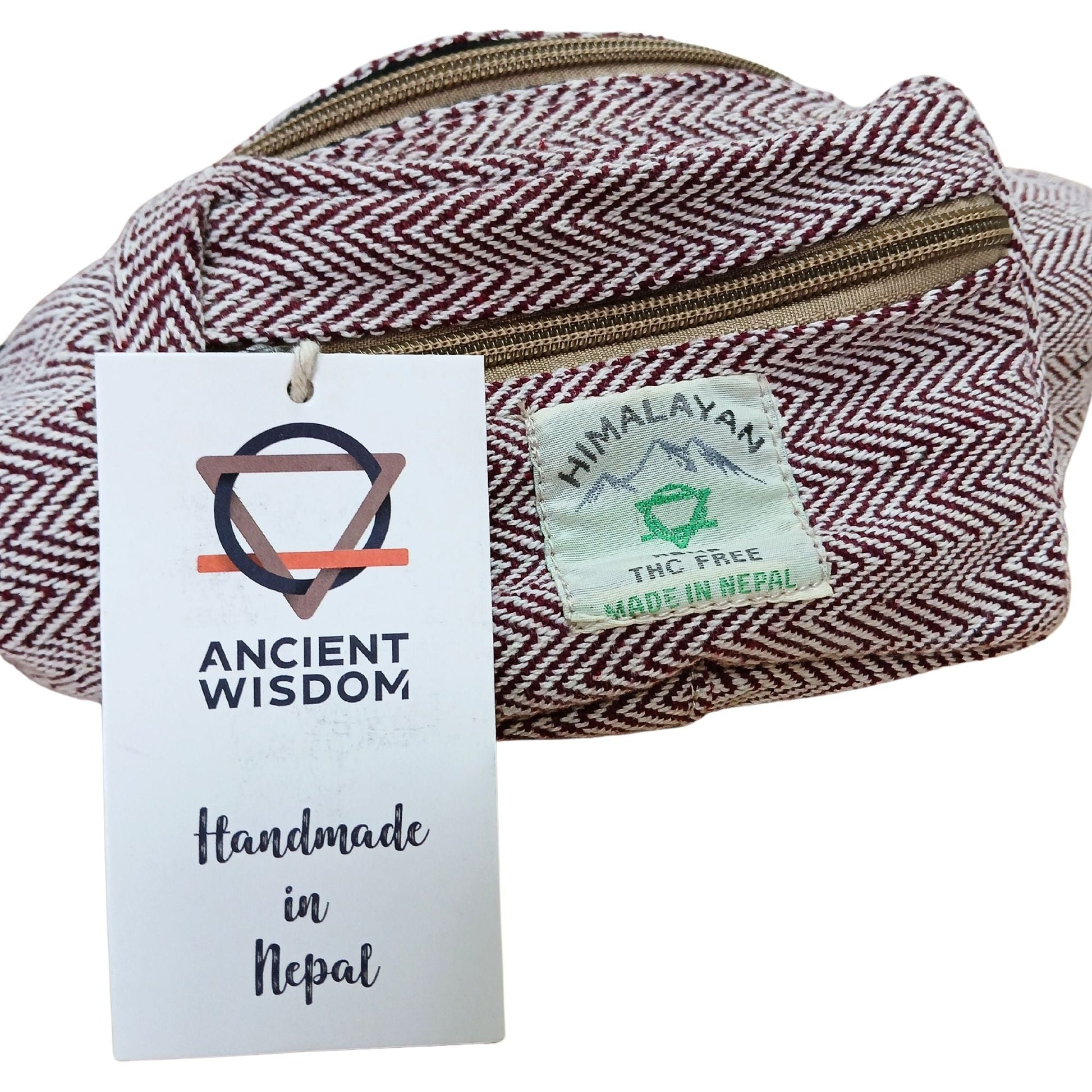 Alt Tag: Cotton & Hemp Style Belt (Fanny) Bag – Burgundy in wine herringbone weave cotton, zippered waist bag with handmade tag