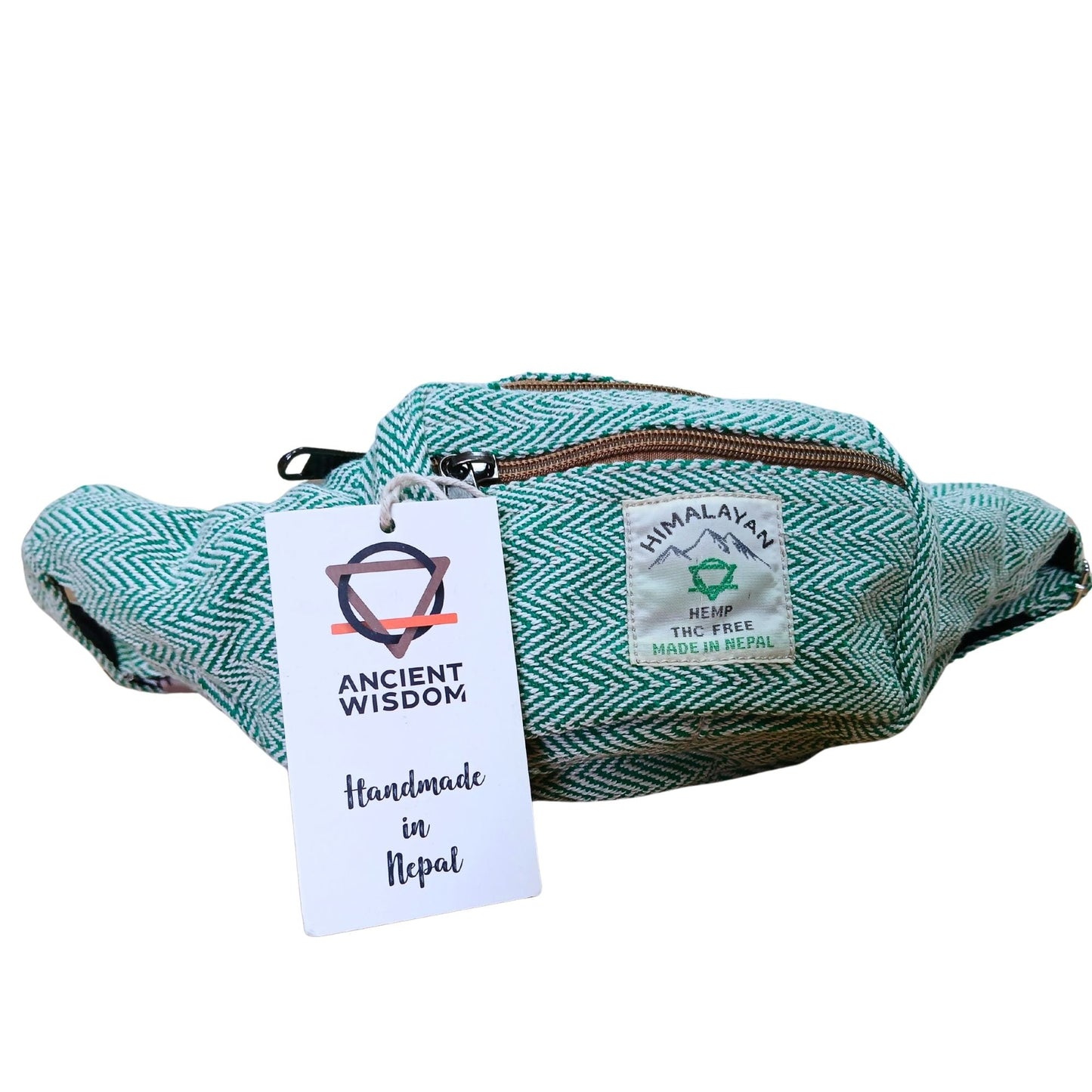 Midjeväska i bomull & hampa (Fanny) Bag – Salvia, grön fiskbensmönstrad midjeväska med framficka med dragkedja och justerbar rem, 36x12x7 cm