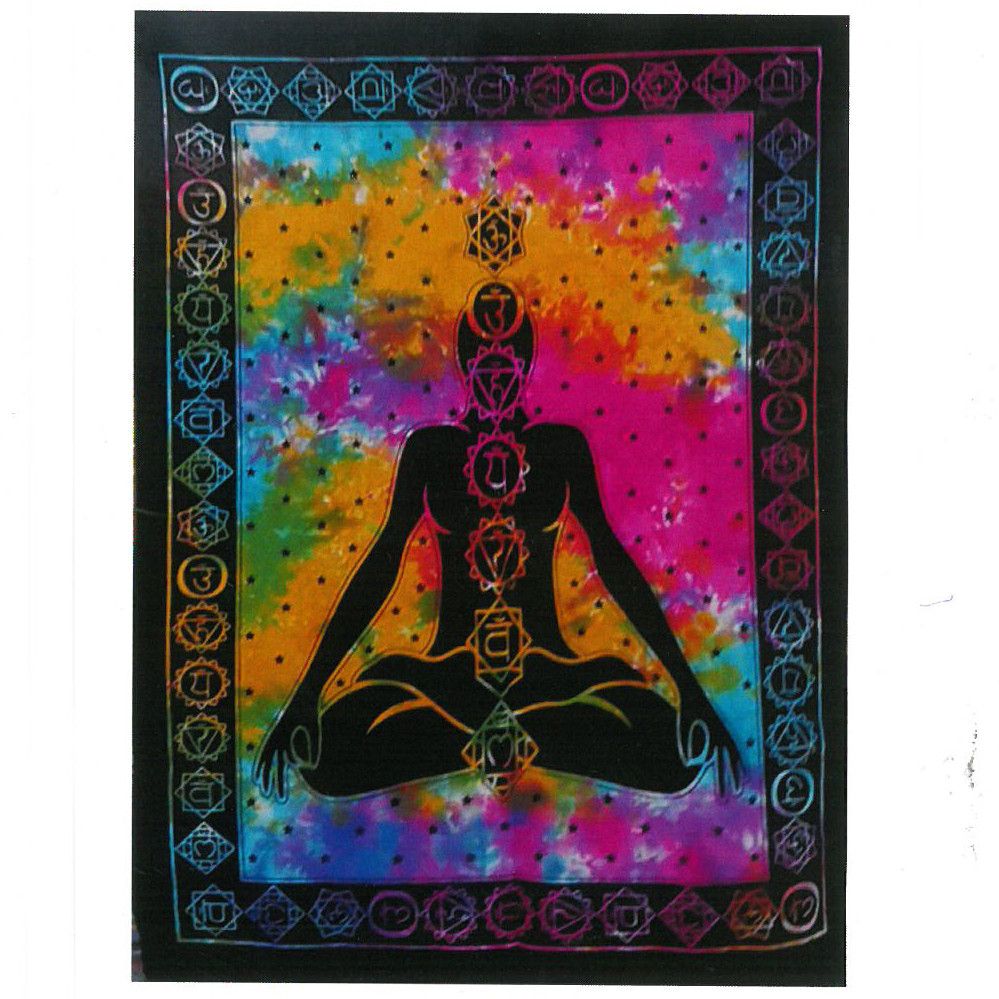 Cotton Indian Wall Art – Chakra Buddha 78x112 CM, tapiz de algodón con silueta de Buda y chakras, diseño multicolor con borde decorativo