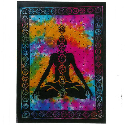 Indische Baumwoll-Wandkunst – Chakra Buddha 78x112 CM, Baumwollwandteppich mit Buddha-Silhouette und Chakren, mehrfarbiges Design mit dekorativem Rand