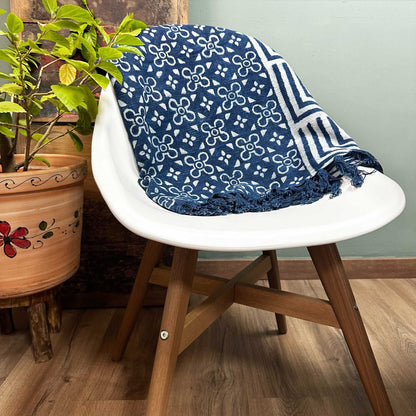 Alt Tag: Cotton Indigo Throw – 170x120 CM handmade blue indigo-dyed cotton throw with floral pattern and tassels draped over white chair