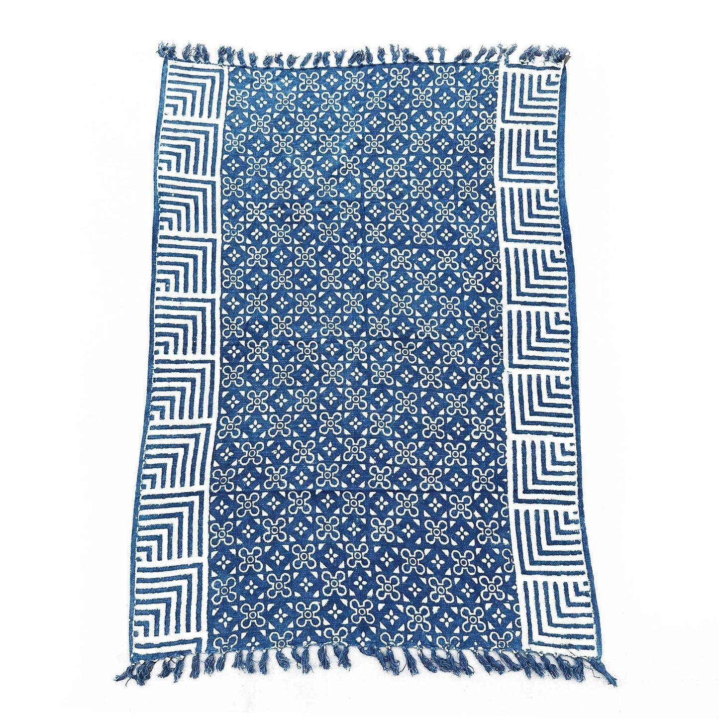 Alt Tag: Cotton Indigo Throw – 170x120 CM handmade cotton indigo throw blanket with blue geometric pattern and fringed edges