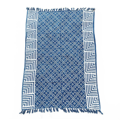 Alt Tag: Cotton Indigo Throw – 170x120 CM handmade cotton indigo throw blanket with blue geometric pattern and fringed edges