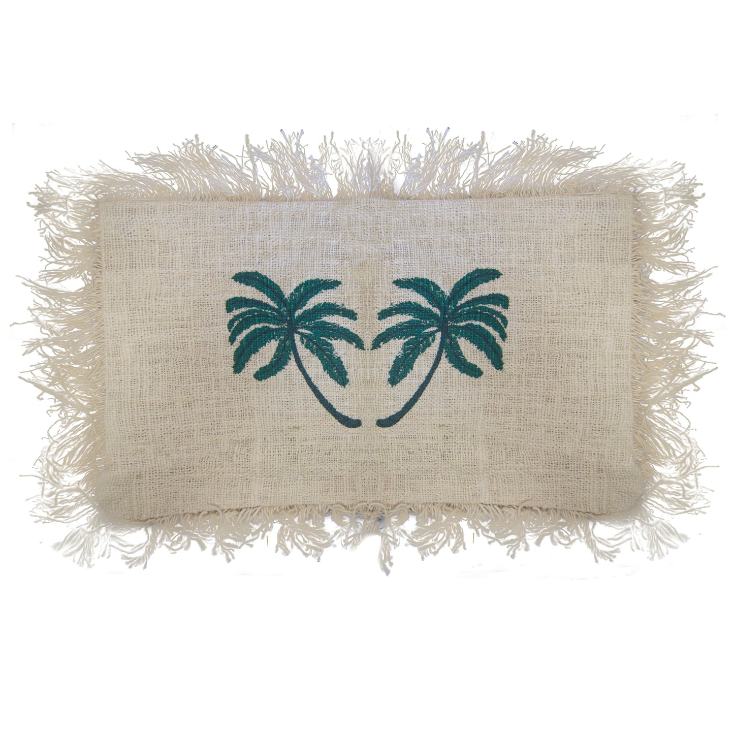 Cotton Linen Cushion – 30x50 CM Palm Tree Fringe beige cushion cover with embroidered palm trees and fringe edging