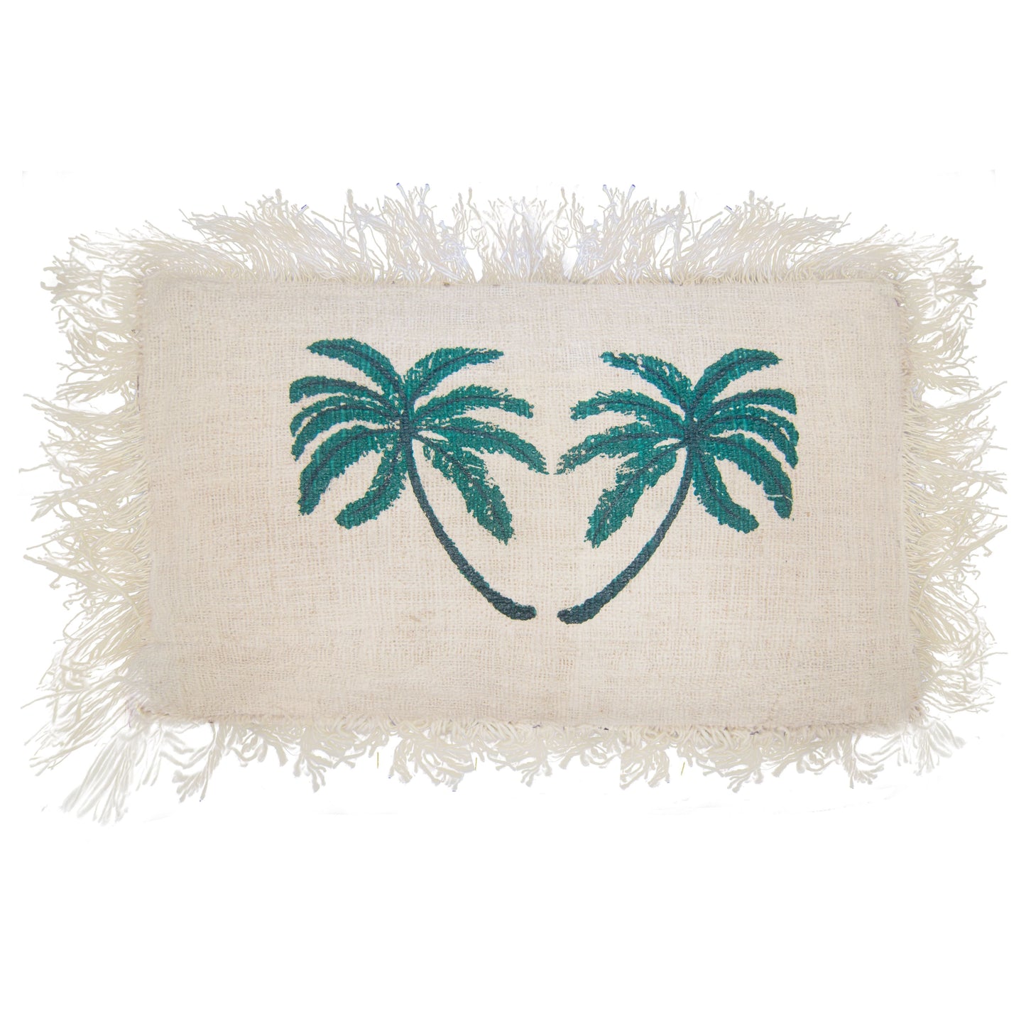 Cotton Linen Cushion – 30x50 CM Palm Tree Fringe, beige rectangular cushion cover with teal palm tree embroidery and fringe border