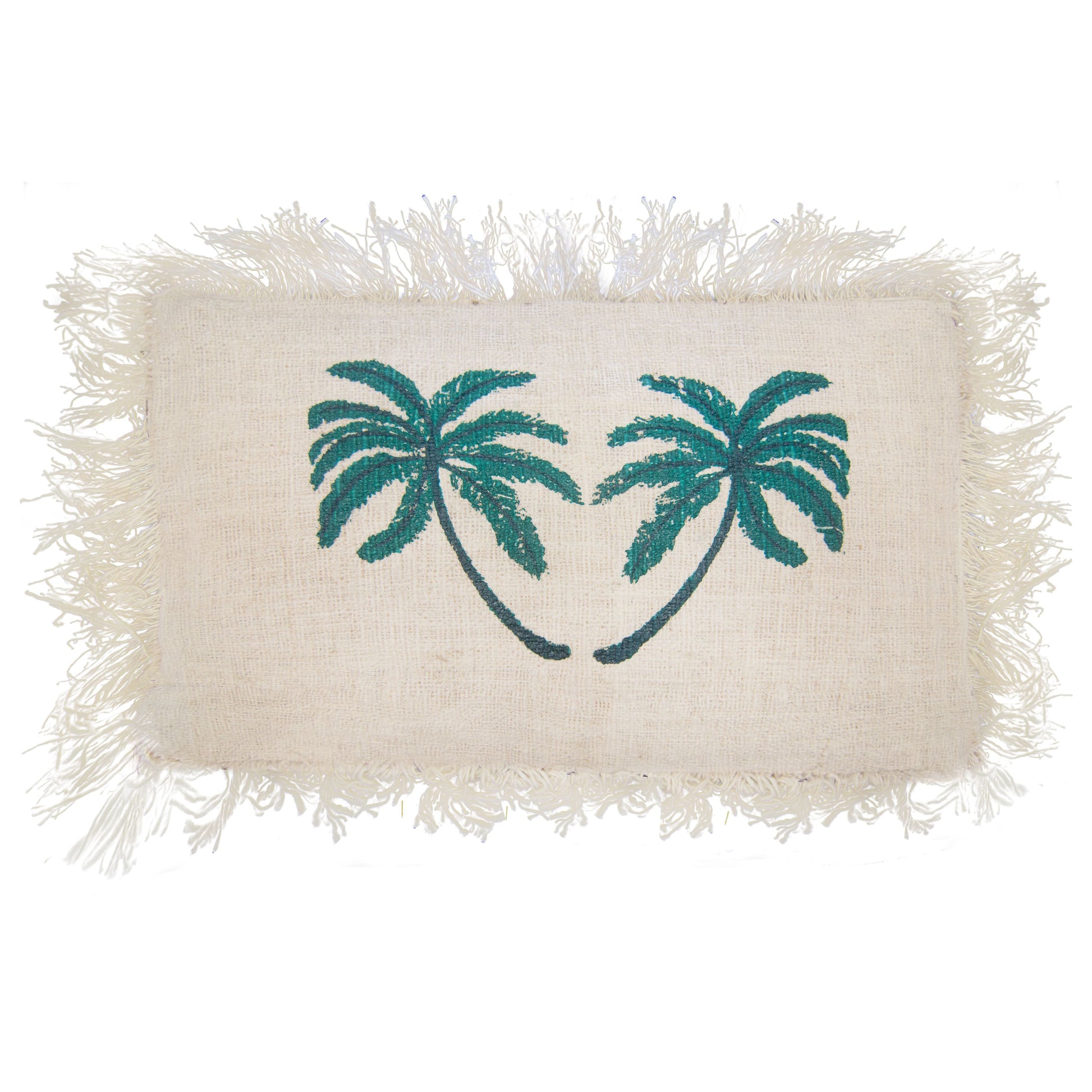 Cotton Linen Cushion – 30x50 CM Palm Tree Fringe, beige rectangular cushion cover with teal palm tree embroidery and fringe border